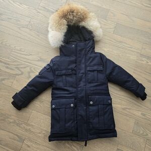 Kids Navy Parka with Faux Fur Hood